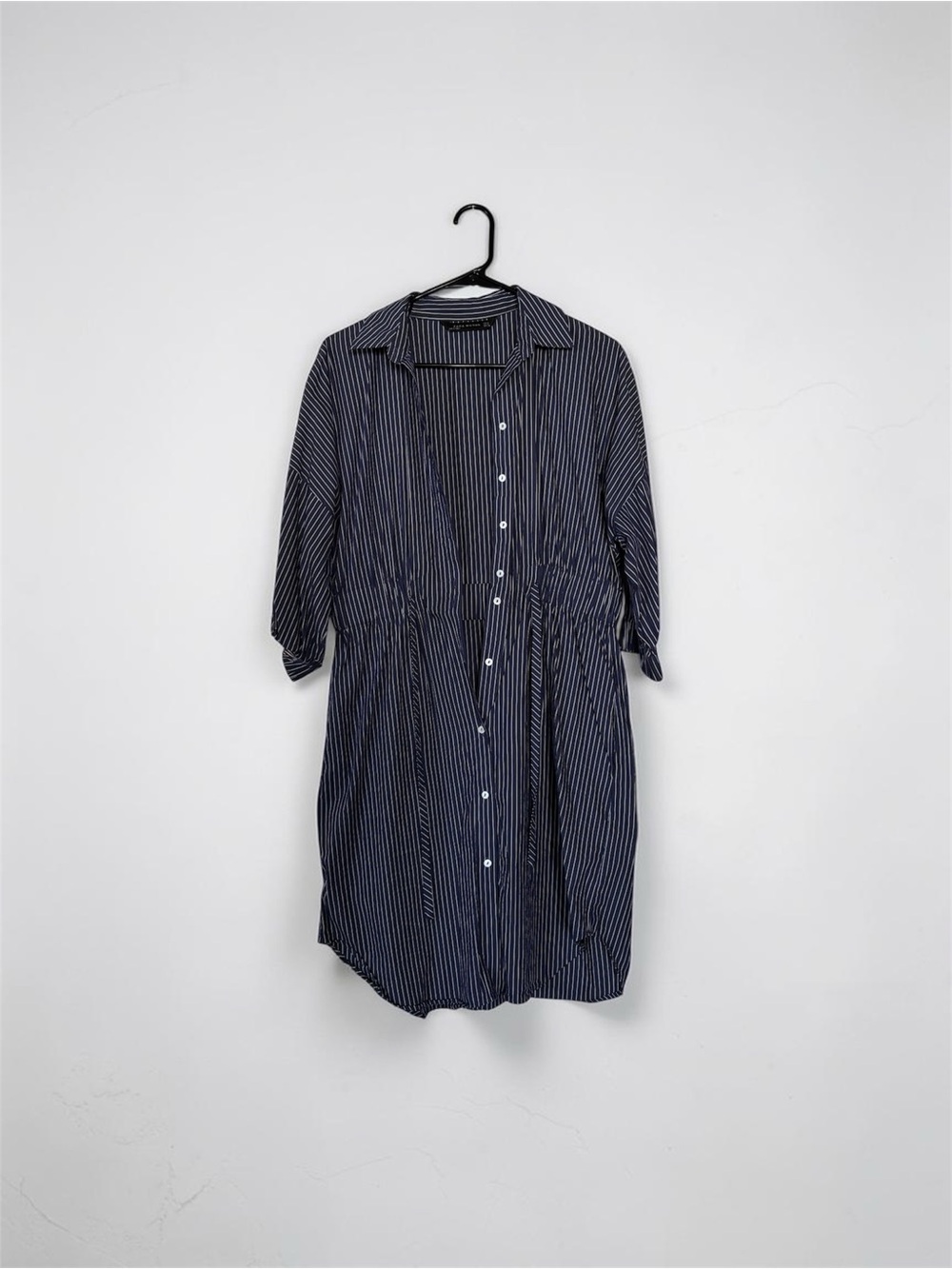 Zara | Navy and White Pin Striped Midi Shirt Dress Business Casual